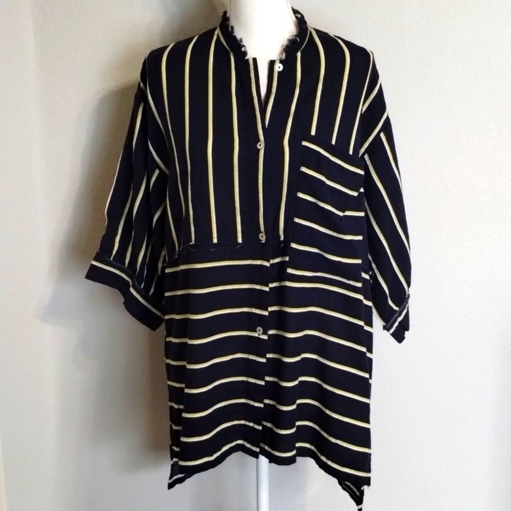Free People Intimately Navy Yellow White Buttondown Short Sleeve Oversized Small